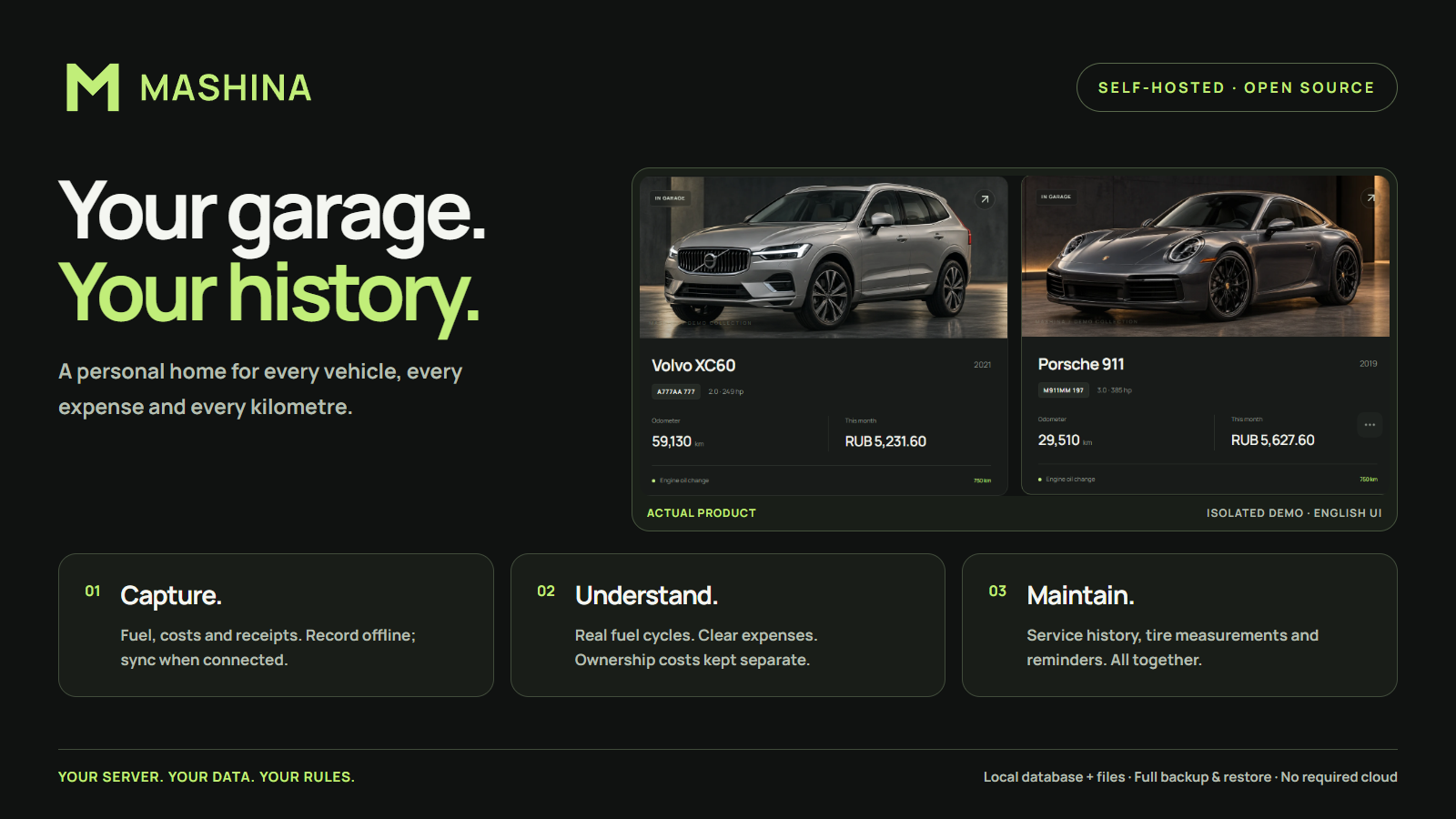 MASHINA mobile interface showing vehicle records, costs and maintenance